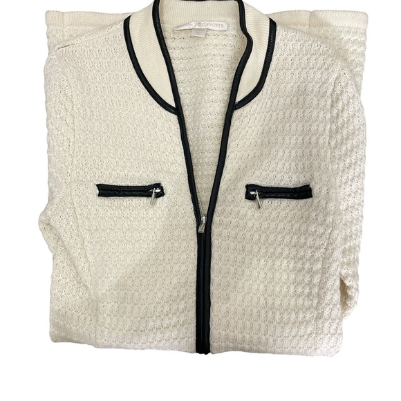 Boston Proper Cream Sweater Cardigan with Faux Leather Black Trim - Picture 4 of 4